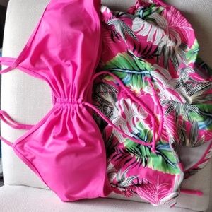 Women Tropical Print V neck Bikini Set Boxer Short Style Pink